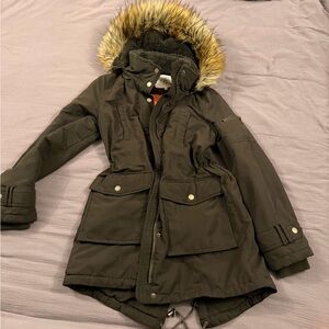 Rachel Roy Olive Utility Jacket with Faux Fur Hood